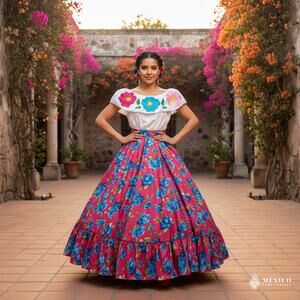 Traditional Mexican Embroidered Floral Dress Set – Handmade Two-Piece